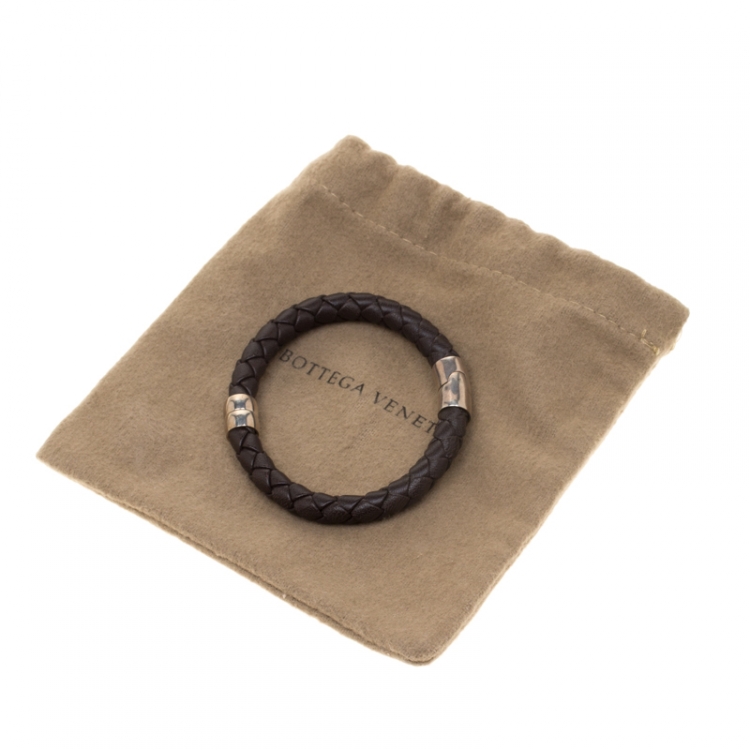 Pre Owned Bottega Veneta Brown Woven Leather Silver Narrow Bracelet 