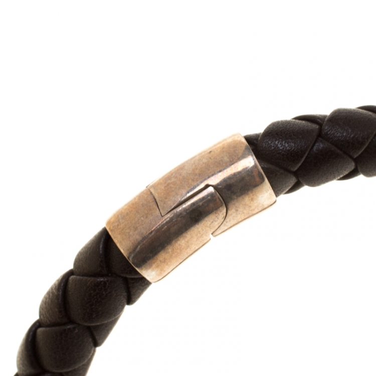 Pre Owned Bottega Veneta Brown Woven Leather Silver Narrow Bracelet