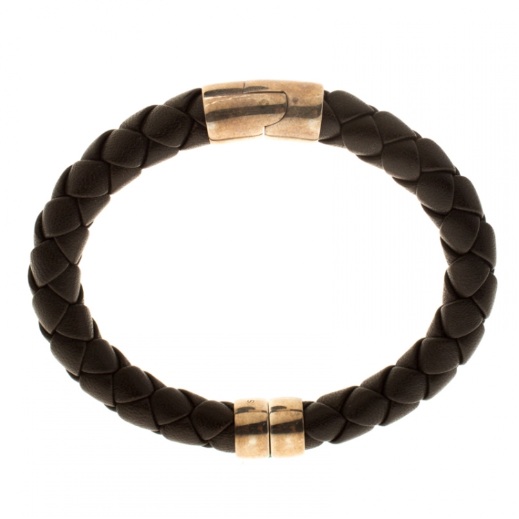 Pre Owned Bottega Veneta Brown Woven Leather Silver Narrow Bracelet