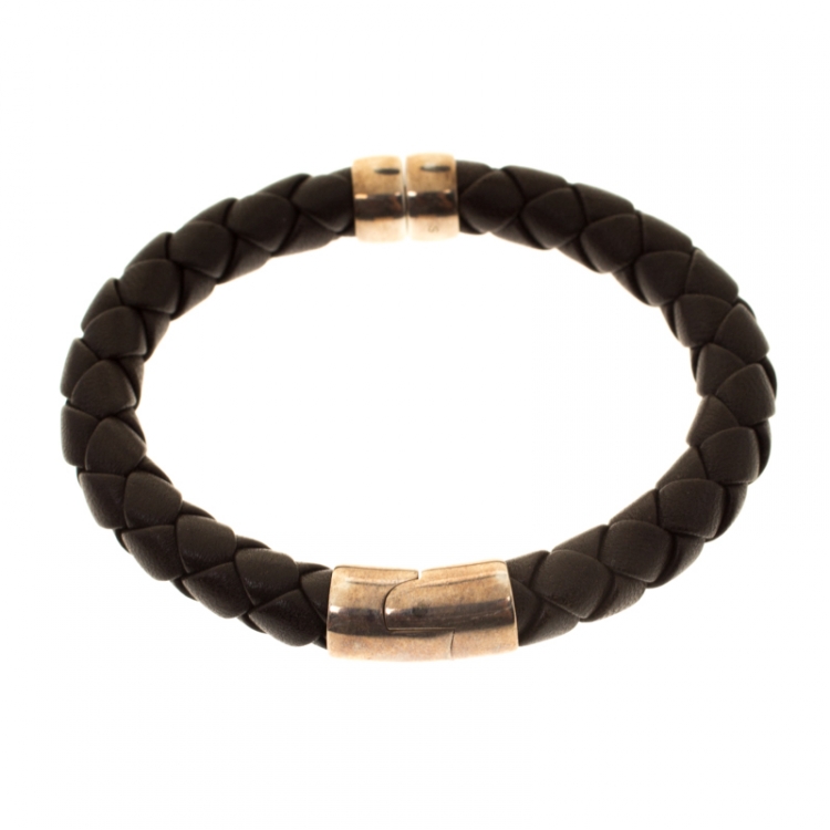Pre Owned Bottega Veneta Brown Woven Leather Silver Narrow Bracelet