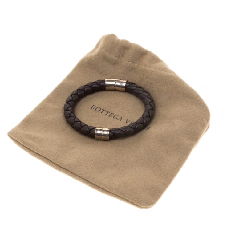 Pre Owned Bottega Veneta Brown Woven Leather Silver Narrow Bracelet