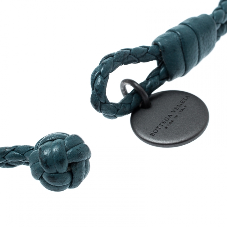Pre Owned Bottega Veneta Teal Blue Intrecciato Nappa Leather Double Strand Bracelet M