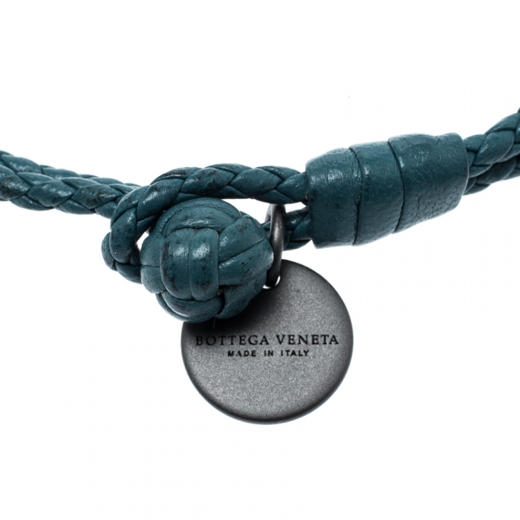 Pre Owned Bottega Veneta Teal Blue Intrecciato Nappa Leather Double Strand Bracelet M