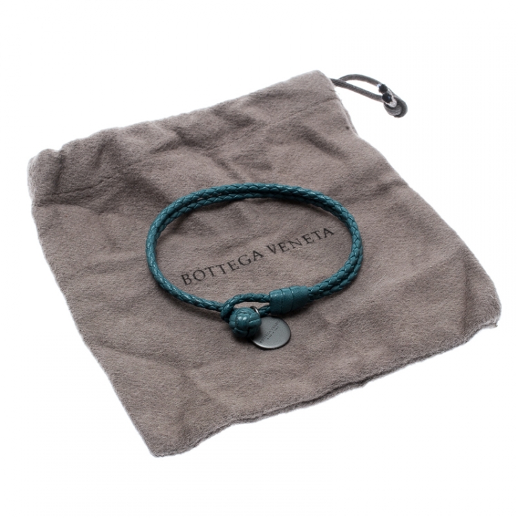 Pre Owned Bottega Veneta Teal Blue Intrecciato Nappa Leather Double Strand Bracelet M