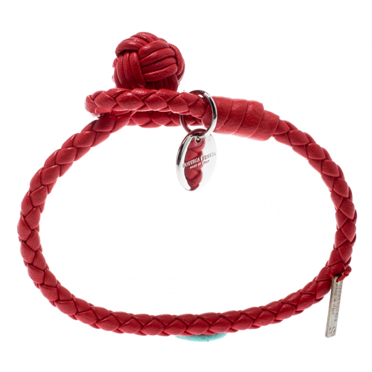 Pre Owned Bottega Veneta Intrecciato Red Nappa Leather Single Strand Bracelet S