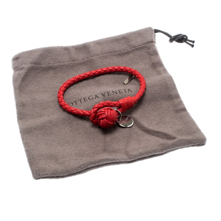 Pre Owned Bottega Veneta Intrecciato Red Nappa Leather Single Strand Bracelet S