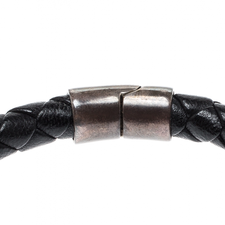 Pre Owned Bottega Veneta Black Woven Leather Silver Narrow Cuff Bracelet