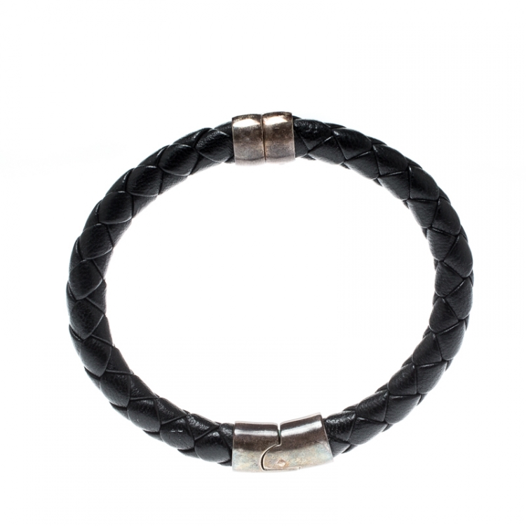 Pre Owned Bottega Veneta Black Woven Leather Silver Narrow Cuff Bracelet