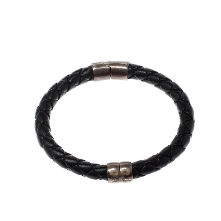 Pre Owned Bottega Veneta Black Woven Leather Silver Narrow Cuff Bracelet