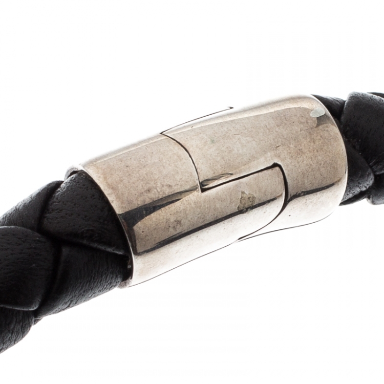 Pre Owned Bottega Veneta Black Woven Leather Silver Narrow Bracelet