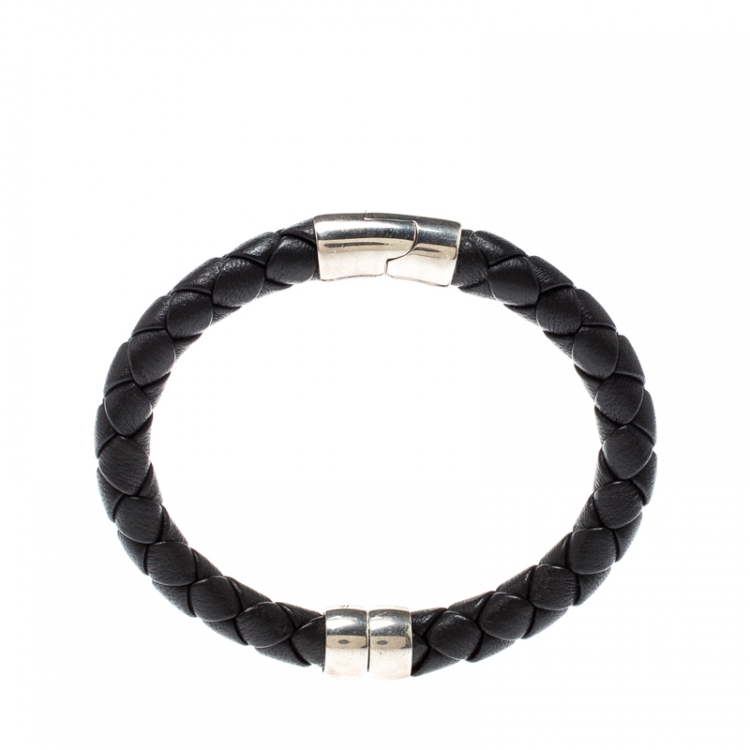 Pre Owned Bottega Veneta Black Woven Leather Silver Narrow Bracelet