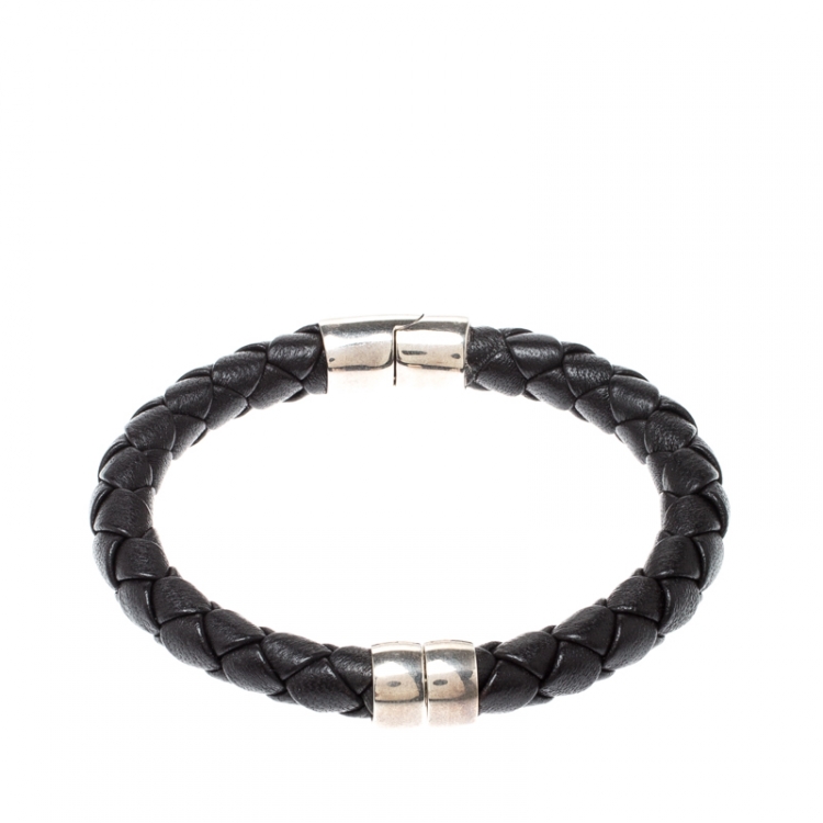 Pre Owned Bottega Veneta Black Woven Leather Silver Narrow Bracelet