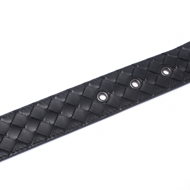 Pre Owned Bottega Veneta Black Intrecciato Leather Belt 85CM