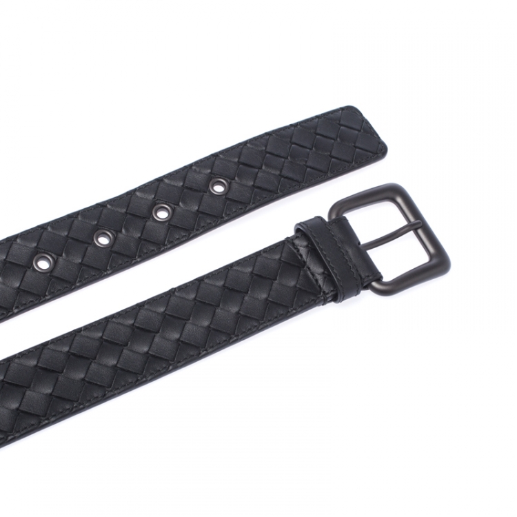 Pre Owned Bottega Veneta Black Intrecciato Leather Belt 85CM