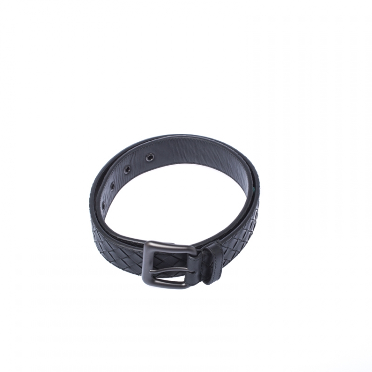 Pre Owned Bottega Veneta Black Intrecciato Leather Belt 85CM
