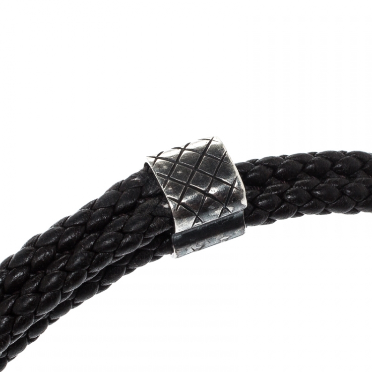 Pre Owned Bottega Veneta Black Woven Leather Silver Adjustable Bracelet