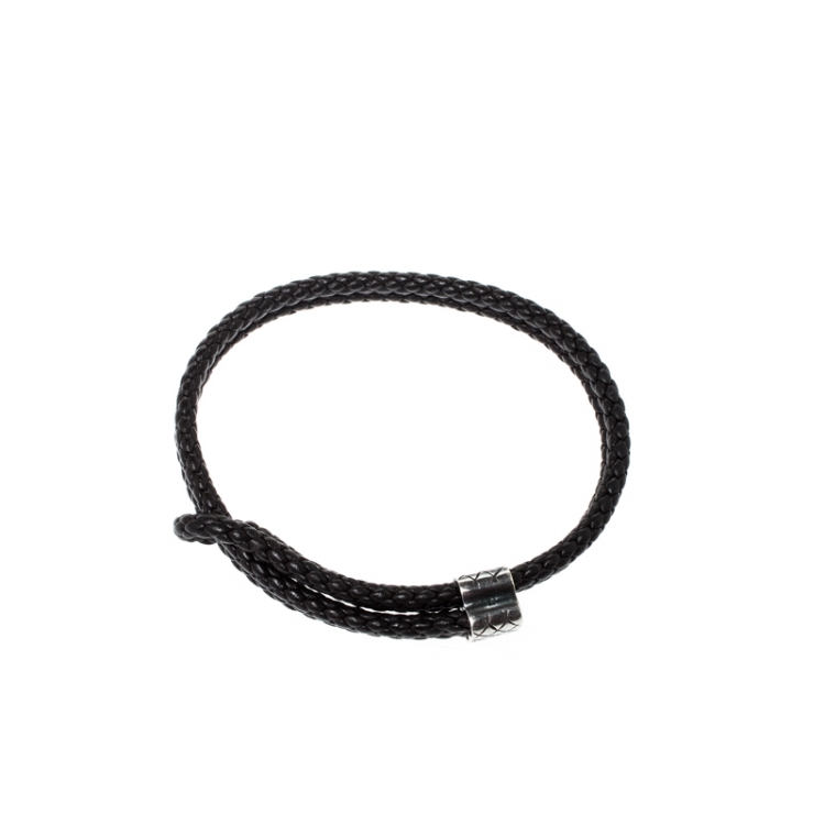 Pre Owned Bottega Veneta Black Woven Leather Silver Adjustable Bracelet