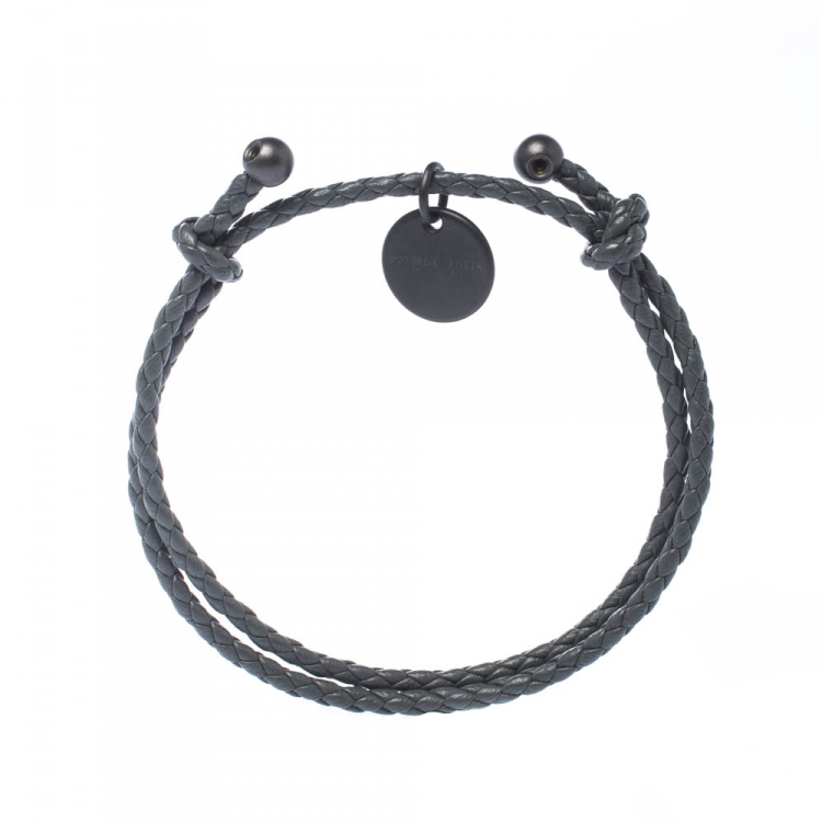 Pre Owned Bottega Veneta Intrecciato Nappa Grey Woven Leather Double Strand Bracelet