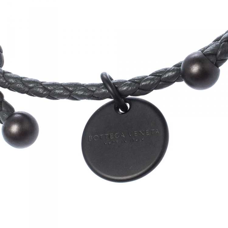 Pre Owned Bottega Veneta Intrecciato Nappa Grey Woven Leather Double Strand Bracelet