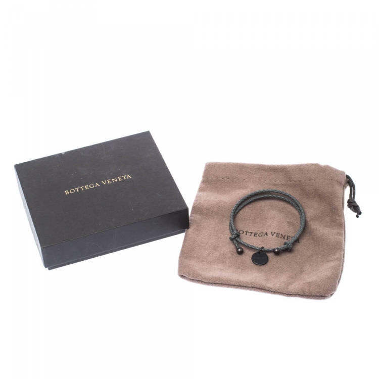 Pre Owned Bottega Veneta Intrecciato Nappa Grey Woven Leather Double Strand Bracelet