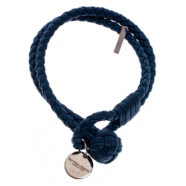 Pre Owned Bottega Veneta Blue Intrecciato Nappa Leather Double Strand Bracelet M