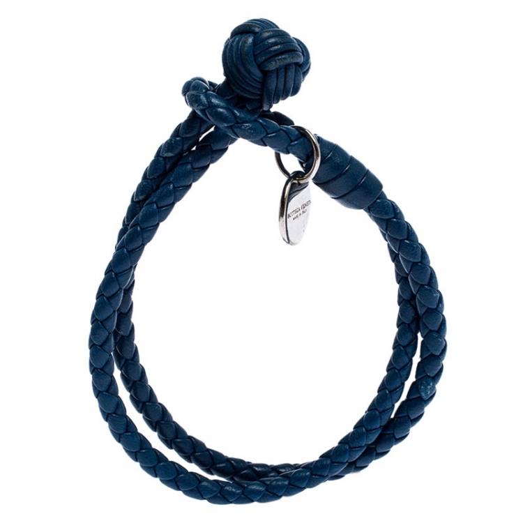 Pre Owned Bottega Veneta Blue Intrecciato Nappa Leather Double Strand Bracelet M