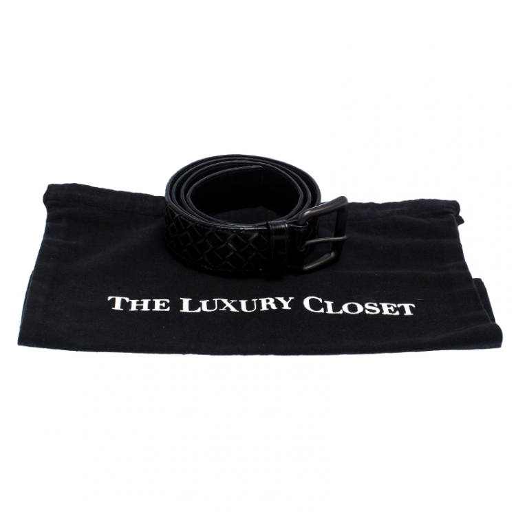Pre Owned Bottega Veneta Black Intrecciato Leather Buckle Belt 95CM