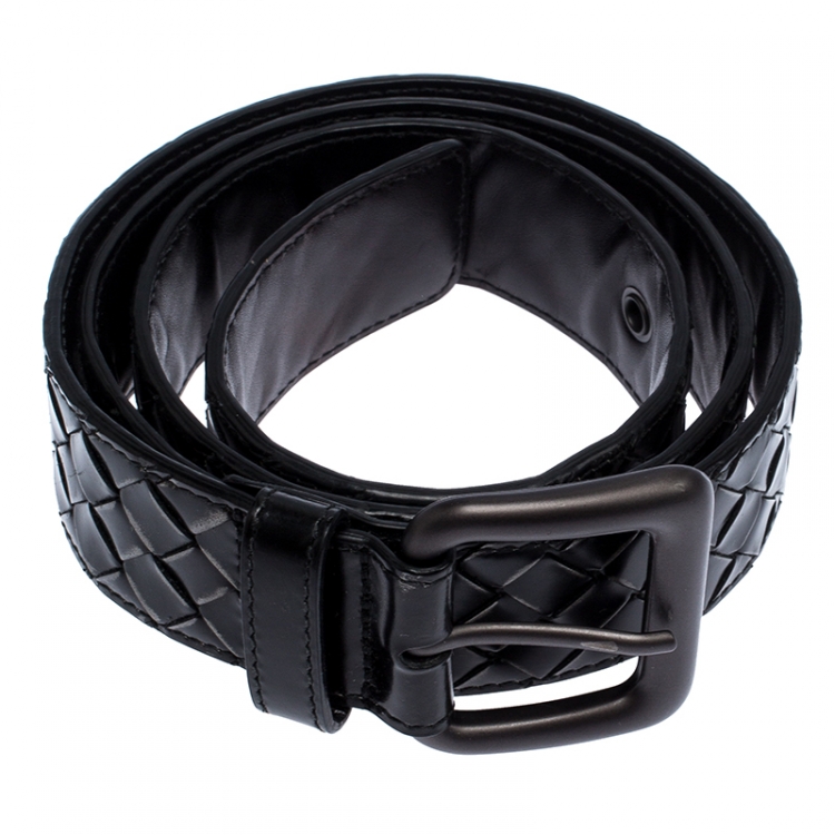 Pre Owned Bottega Veneta Black Intrecciato Leather Buckle Belt 95CM