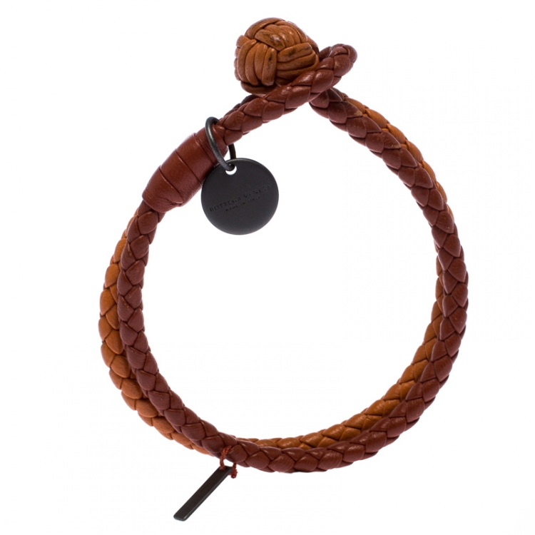 Pre Owned Bottega Veneta Orange Bi-color Intrecciato Nappa Woven Leather Double Strand Bracelet M