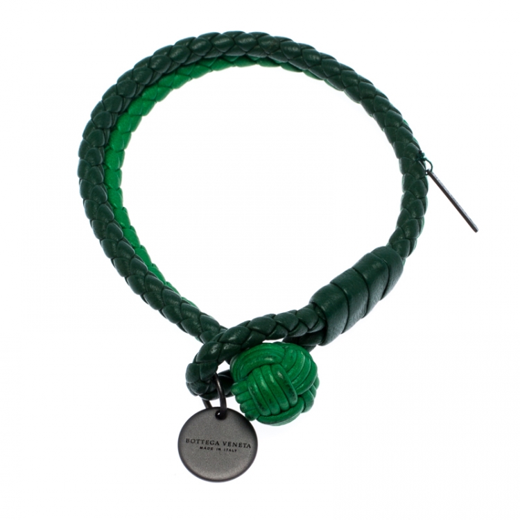 Pre Owned Bottega Veneta Green Bi-color Intrecciato Nappa Leather Double Strand Bracelet M
