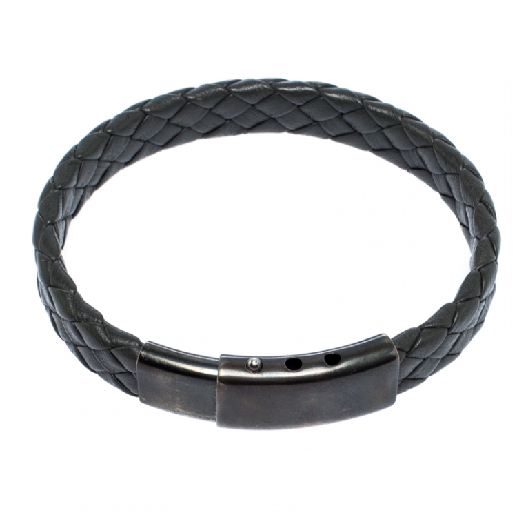 Pre Owned Bottega Veneta Grey Intrecciato Woven Leather Sterling Silver Bracelet