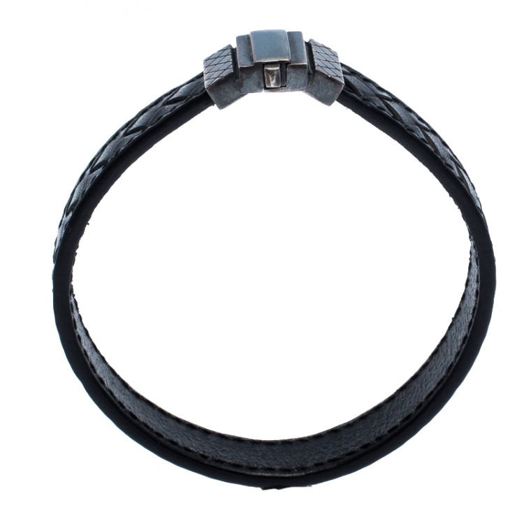 Pre Owned Bottega Veneta Black Intrecciato Leather Silver Bracelet