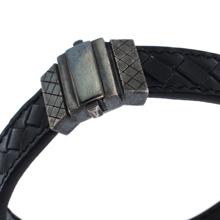 Pre Owned Bottega Veneta Black Intrecciato Leather Silver Bracelet