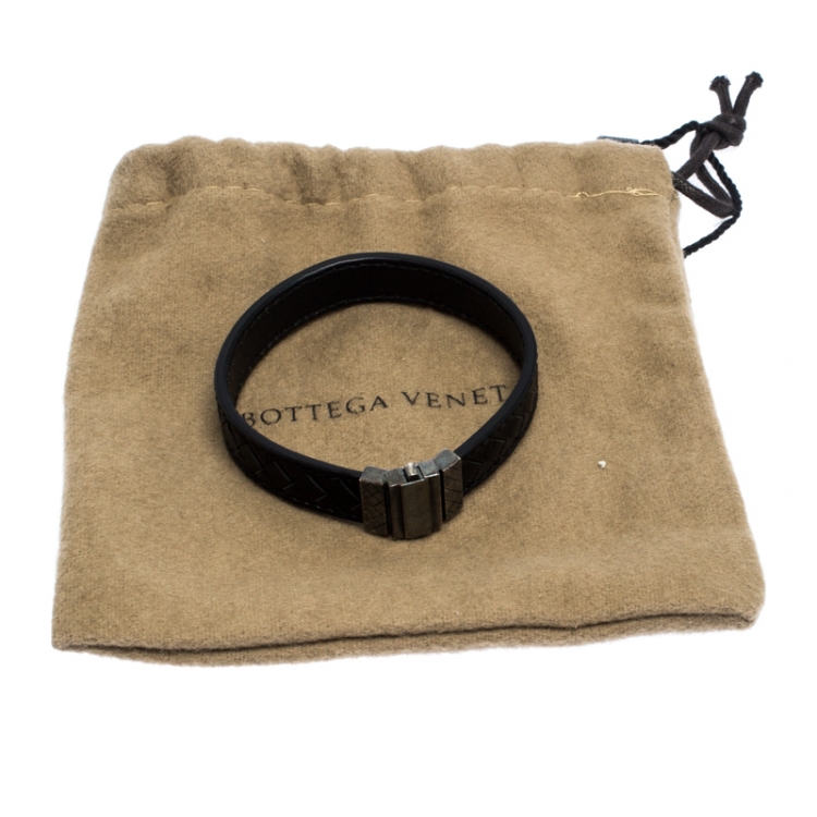 Pre Owned Bottega Veneta Black Intrecciato Leather Silver Bracelet