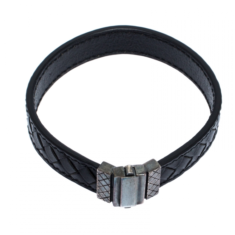 Pre Owned Bottega Veneta Black Intrecciato Leather Silver Bracelet
