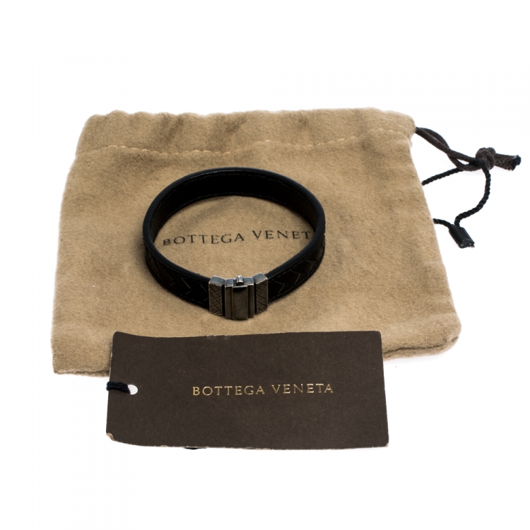 Pre Owned Bottega Veneta Black Intrecciato Woven Leather Silver Bracelet S