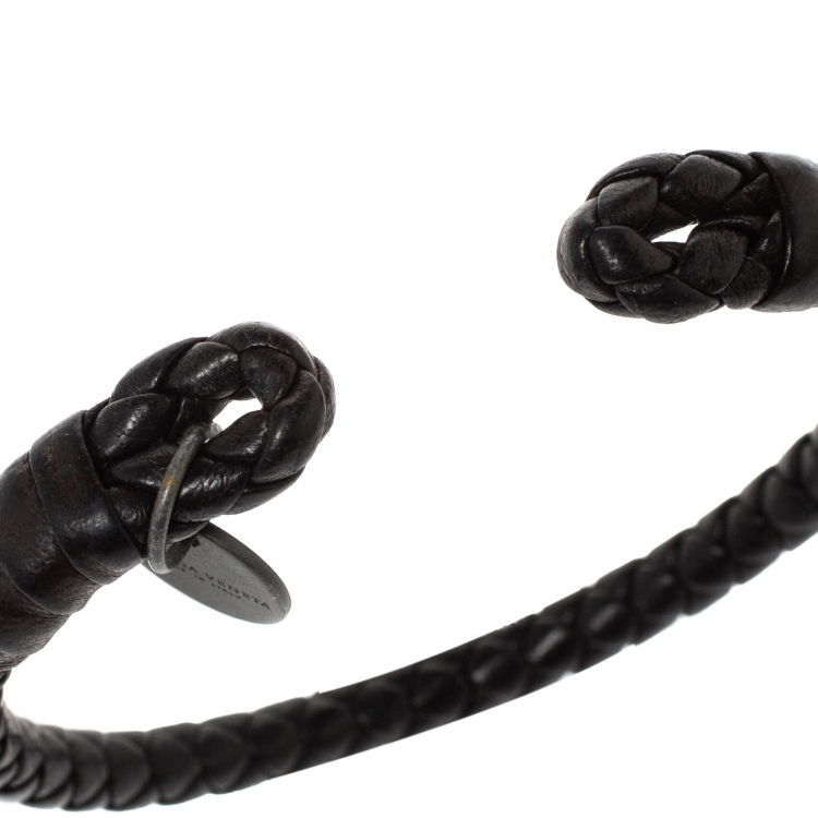 مملوكة مسبقًا Bottega Veneta Dark Brown Intrecciato Nappa Leather Open Cuff Bracelet