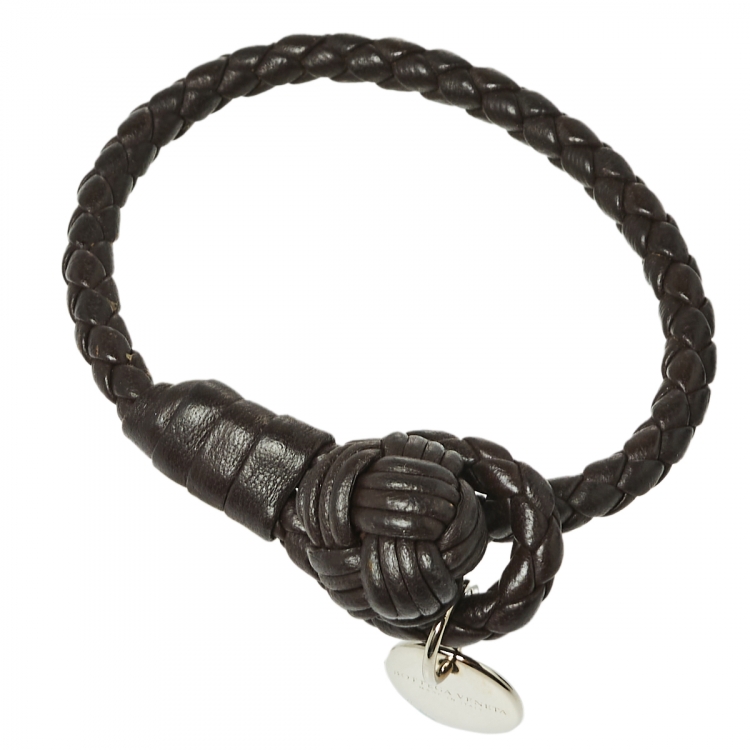 Pre Owned Bottega Veneta Brown Intrecciato Leather Single Knot Bracelet