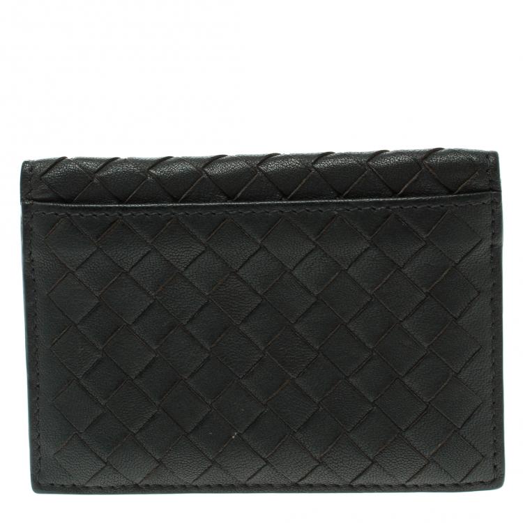 Pre Owned Bottega Veneta Dark Grey/Blue Intrecciato Leather Card Holder