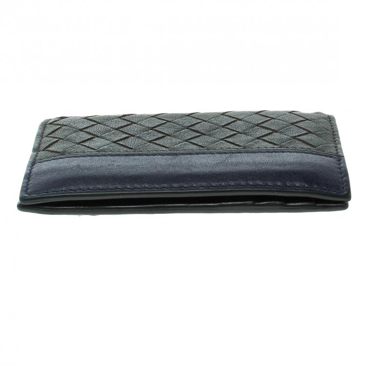 Pre Owned Bottega Veneta Dark Grey/Blue Intrecciato Leather Card Holder