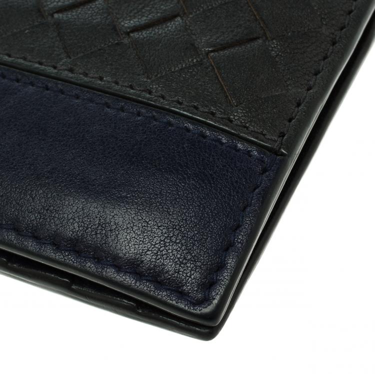 Pre Owned Bottega Veneta Dark Grey/Blue Intrecciato Leather Card Holder