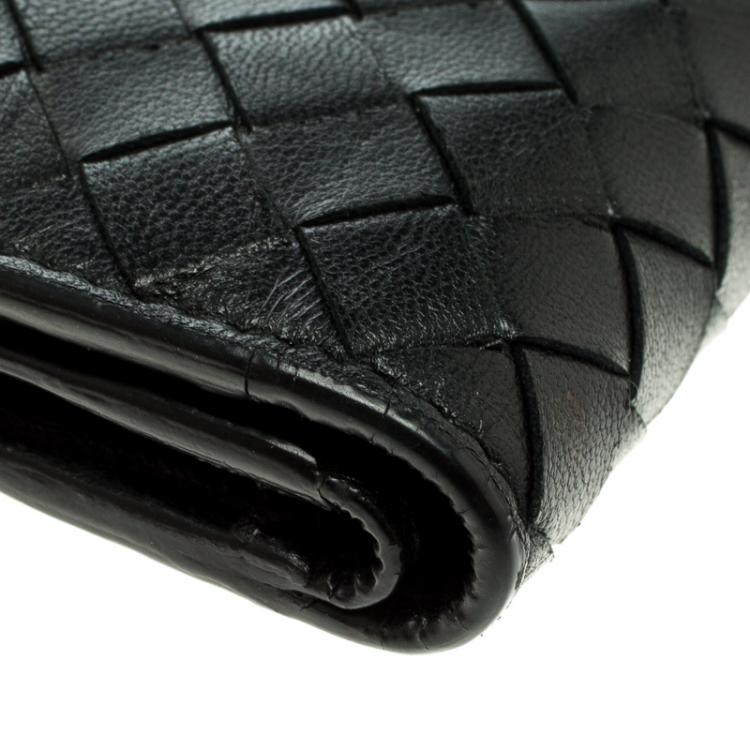 Pre Owned Bottega Veneta Black Intrecciato Leather Tri Wallet