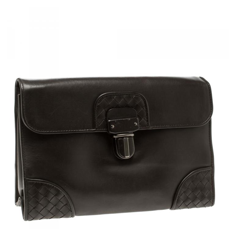 Pre Owned Bottega Veneta Dark Brown Leather Clutch