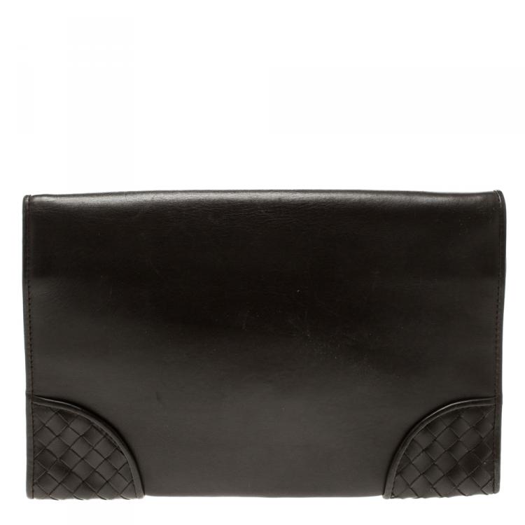 Pre Owned Bottega Veneta Dark Brown Leather Clutch