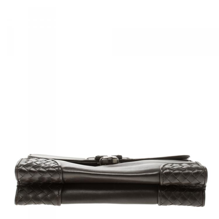 Pre Owned Bottega Veneta Dark Brown Leather Clutch