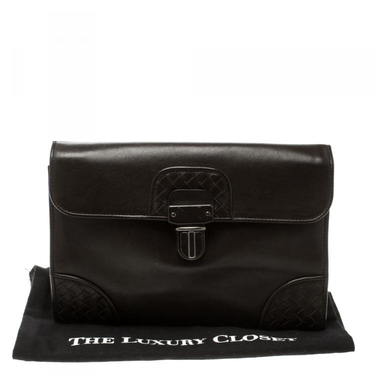 Pre Owned Bottega Veneta Dark Brown Leather Clutch