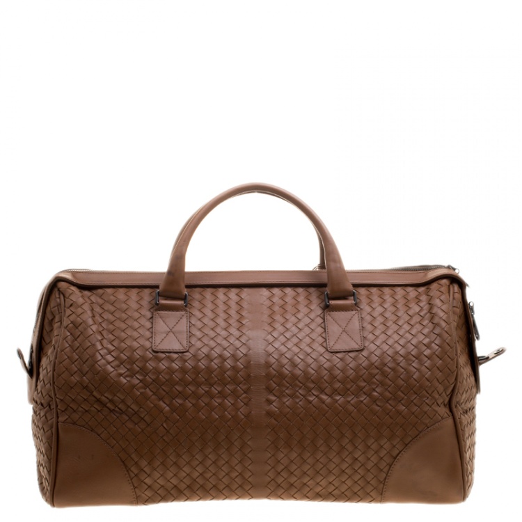 Pre Owned Bottega Veneta Brown Intrecciato Leather Medium Duffel Bag