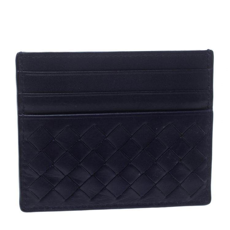 Pre Owned Bottega Veneta Blue Intrecciato Leather Card Holder