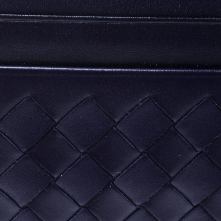Pre Owned Bottega Veneta Blue Intrecciato Leather Card Holder