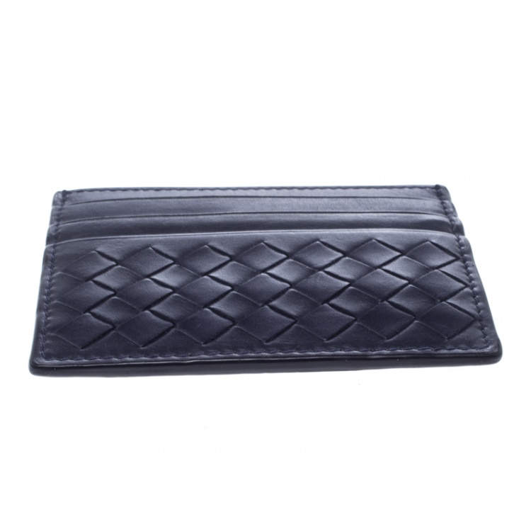 Pre Owned Bottega Veneta Blue Intrecciato Leather Card Holder